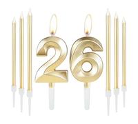 Golden 26th Birthday Cake Candle Set With 6 Long Candles, Number Candle and Cake Topper for Party, Wedding, Anniversary Decoration
