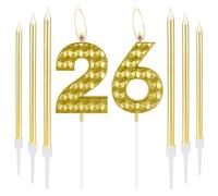 Golden 26th Birthday Decorations - Girls & Boys, Gold Number 26 Candles & Topper for Women & Men's Birthday Party & Wedding Anniversary