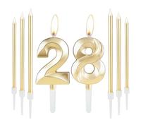 Golden 28th Birthday Cake Candle Set With 6 Long Candles, Number Candle and Cake Topper for Party, Wedding, Anniversary Decoration