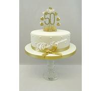GOLDEN 50th WEDDING ANNIVERSARY CAKE DECORATION DIAMANTE 50 CAKE TOPPER HEART WITH MATCHING RIBBON PACK