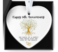 Golden 50th Wedding- Ceramic Heart Plaque for Mr & Mrs - The Roots of a Family Tree Begin with the Love of Two Hearts - Perfect for Parents, Mum & Dad, or Couple