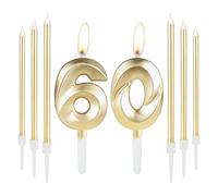 Golden 60th Birthday Cake Candle Set With 6 Long Candles, Number Candle, Golden Cake Topper for Decoration, Party, Wedding Anniversary