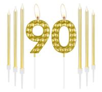 Golden 90th Birthday Candles, Gold Number 90 Cake Topper for Women Men, Party Decorations for Girls Boys, Anniversary Celebration