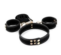 Golden Accessories Neck & Wrist Restraints BDSM Bondage Long Leash Collar Handcuffs Kit Sex SM Games for Couples Erotic Harness Black One Size