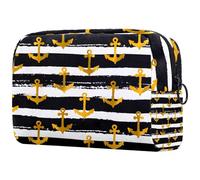 Golden Anchors on Black White Striped Cosmetic Bag for Women, Travel Toiletries Bags Large Makeup Handy Pouch Organiser Bag with Zipper
