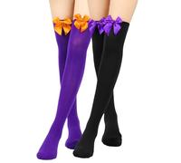 Golden Apple 2 Pairs Women Halloween Thigh High Stockings Sexy Bow Over The Knee Socks for Halloween Cosplay Party (Black+Purple)
