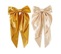 Golden Apple 2Pcs Super Big Bow Hair Clips French Style Soild Color Knotted Bowknot Spring Snap Barrettes Hair Clips with Long Ribbon for Women Girls (Champagne+Gold)