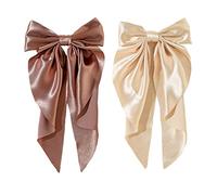 Golden Apple 2Pcs Super Big Bow Hair Clips French Style Soild Color Knotted Bowknot Spring Snap Barrettes Hair Clips with Long Ribbon for Women Girls (Champagne+Brown)