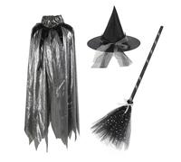 Golden Apple Halloween Witch Cape Witch Costume Set 120cm Cloak with Witch Hat and Magic Broom for Party Cosplay (Silver)