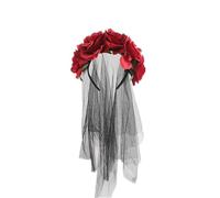 Golden Apple Women Flower Crown Headband Gothic Roses Bride Hairband with Veil Day of the Dead Halloween Cosplay (Red, L)