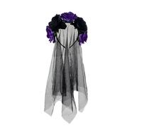 Golden Apple Women Flower Crown Headband Gothic Roses Bride Hairband with Veil Day of the Dead Halloween Cosplay (Black-Purple, L)