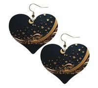 Golden background and crescent moon Leather Earrings for Women Heart Earring Lightweight Dangle Earrings Jewelry Gifts, One Size, No Gemstone