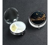 Golden Background and Crescent Moon Pill Box 3 Compartment Waterproof Pill Container with Mirror Metal Medicine Box Organizer Portable Vitamin Case for Pocket & Purse Travel - Round