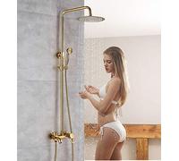 Golden Bathtub Faucets 8 inch Brass Rainfall Gold Bathroom Shower Mixer Tap Wall Mounted Sliding Bar Shower Pipe Faucet,
