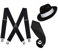 Golden Beads MEN GANGSTER HAT TIE BRACES SET FELT TRILBY AL CAPONE 1920's FANCY DRESS (White, B.Braces+B.Hat+B.tie)