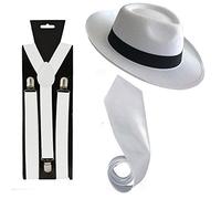Golden Beads MEN GANGSTER HAT TIE BRACES SET FELT TRILBY AL CAPONE 1920's FANCY DRESS (White, W.Braces+W.Hat+W.Tie)