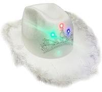 Golden Beads Unisex Cowboy & Cowgirl Hat - Texan Western Sheriff Hat for Men & Women Fancy Dress Accessory (Light Up White Hat With Fluffy Trim)