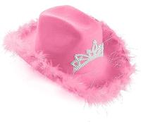 Golden Beads Unisex Cowboy & Cowgirl Hat - Texan Western Sheriff Hat for Men & Women Fancy Dress Accessory (Pink With Fluffy Trim)