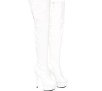 Golden Beads Women ladies boots thigh high Stiletto Heel Wide Leg Stretch Fetish Platform Boots with side zip closed round toe leather boots (White Mat, 8)