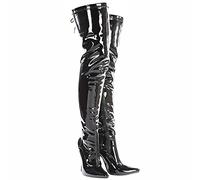 Golden Beads Women thigh high heel boots, Lace-up kinky fetish over the knee heels, elegant shoes with side zip and laces in Back, Ladies faux leather high heel boots (Black Patent, 6)