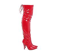 Golden Beads Women thigh high heel boots, Lace-up kinky fetish over the knee heels, elegant shoes with side zip and laces in Back, Ladies faux leather high heel boots (Red Patent, 3)