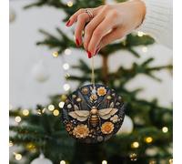 Golden Bee Ceramic Christmas Ornaments - 2.8 Inch Rustic Round Xma Tree Decor with Hanging String, Personalized Vintage Double-Sided Holiday Party Decorations for Xmas Gifts