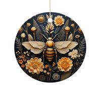 Golden Bee Double-Sided Ceramic Christmas Ornaments - Round Hanging Mini Xmas Tree Decorations, Ideas for Farmers, Rustic Home Decor for Indoor Outdoor Tree Decor