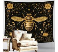 Golden Bee Flower Tapestry, Black Aesthetic Wall Hanging for Fall Decor, Nature-Inspired Tapestries for Bedroom, Living Room, or Dorm 80x60 Inch