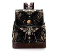 Golden Bee Flowers Phases of the Moon Stars on Black Background Mini Faux Leather Backpack Purse, Women Ladies Rucksack Handbag School Bag