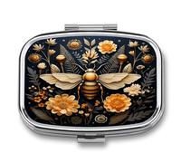 Golden Bee Pill Box 2-Compartment Portable Pill Case Square Metal Medication Organizer Small Weekly Medication Case with Mirror Stylish Vitamin Holder for Purse Pocket Travel