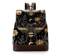 Golden Bee Plants Flowers Phases of the Moon Stars Black Pattern PU Leather Backpack Purse for Women, Fashion Ladies Travel Shoulder Bag Rucksack