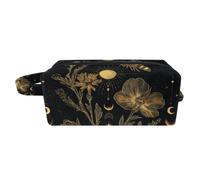 Golden Bee Plants Flowers Phases of the Moon Stars Pattern Women Cosmetic Make Bag with Handle, Portable Hanging Travel Toiletry Bag, Soft Make Up Pouch Pencil Case for Kids