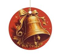Golden Bell Double-Sided Ceramic Christmas Ornaments - Round Hanging Mini Xmas Tree Decorations, Ideas for Farmers, Rustic Home Decor for Indoor Outdoor Tree Decor