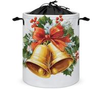 Golden Bells with Greenery Red Ribbon Laundry Basket Laundry Hamper Round Collapsible Drawstring Clothes Hamper for Bedroom Bathroom