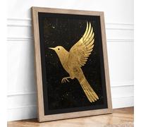 Golden Bird at Night Japandi Framed Wall Art Print A2 (59.4×42cm) Oak, Wall Decor for Living Room, Bedroom, Office & Home, Ready to Hang, Art Gift