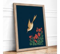 Golden Bird in Descent Botanical Framed Wall Art Print A2 (59.4×42cm) Oak, Wall Decor for Living Room, Bedroom, Office & Home, Ready to Hang, Art Gift