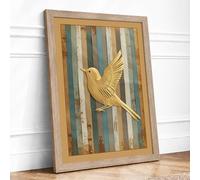 Golden Bird in Flight Mid-Century Framed Wall Art Print A4 (29.7×21cm) Oak, Wall Decor for Living Room, Bedroom, Office & Home, Ready to Hang, Art Gift