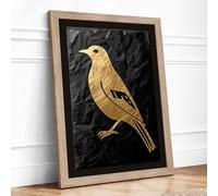 Golden Bird Profile Japandi Framed Wall Art Print A1 (84.1×59.4cm) Oak, Wall Decor for Living Room, Bedroom, Office & Home, Ready to Hang, Art Gift
