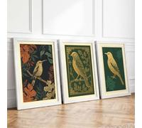 Golden Birds Among Leaves Botanical Set of 3 Framed Wall Art Prints A1