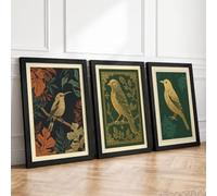 Golden Birds Among Leaves Botanical Set of 3 Framed Wall Art Prints A2