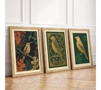 Golden Birds Among Leaves Botanical Set of 3 Framed Wall Art Prints A2