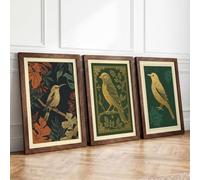 Golden Birds Among Leaves Botanical Set of 3 Framed Wall Art Prints A2