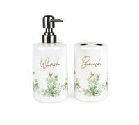 Golden Birds & Greenery Bathroom Set - Gold & Green Ceramic Soap Pump Bottle Dispenser & Toothbrush Holder Gift