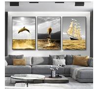 Golden Boat Jumping Dolphin Wall Art Canvas Prints Gold Sea Landscape Living Room Wall Decoration Painting For Home Decor 50x70cmx3 No Frame