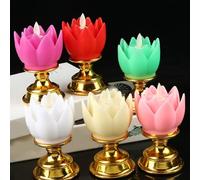 Golden Bottom Colorful Lotus Lamp with LED Simulation Candle Light for Home Decor and Spiritual Ceremonies Featuring Guanyin and God of We(CREAM-COLORED)