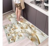 Golden Branches And Flowers Kitchen Rug Sets, 2 Pieces Non Slip Kitchen Mat Sets,Washable 3D Flowers Floor Mat for Hallway, Bedroom, Sink (Cream, 43x75cm+43x150cm)