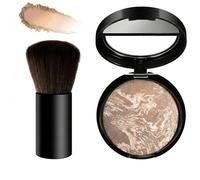 Golden Bronze Glow Baked Pressed Powder Foundation with Kabuki Brush - Long-Lasting Oil Control & Sweat-Resistant, Buildable Medium to Full Coverage for Mature Skin, Natural Radiant