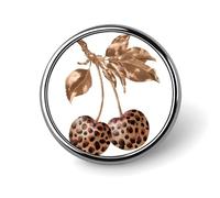 Golden Brown Cherries with Leopard Pattern Round Brooch for Men Women Fashion Badge Collar Pin Dress Jacket Backpack Accessories