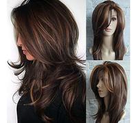 Golden Brown Wigs for Women, Fluffy Long Hair Temperament Oblique Bangs Gradient Curly Wig, Natural Looking Hair Wig for Daily Use, Suitable for Girls Middle-Aged and Elderly Women