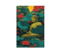 Golden Buddha Amidst Red Lotus Flowers Wall Art, Spiritual Decor For Home And Meditation Room Artistic Wall Mural Modern Hanging Decor Poster08x12inch(20x30cm)